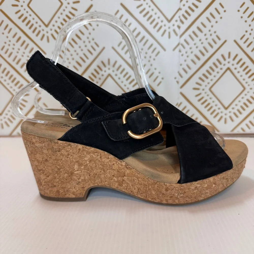 Clarks‎ Suede Cork Sandal Women 10 Black Wedge Slingback Buckle Boho Vacation